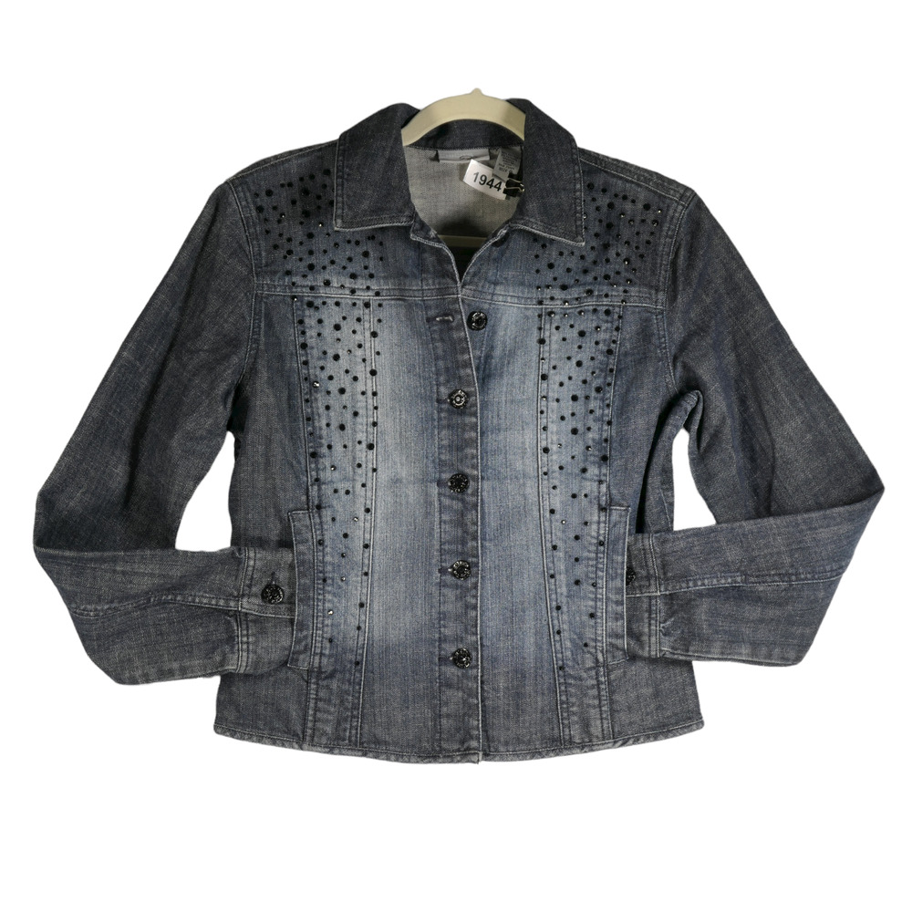 Chico's Platinum Size Small /Chico’s 0 Distressed Denim Jacket Black Rhinestones